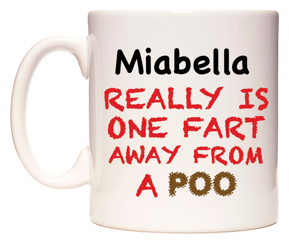This mug features Miabella Really is ONE Fart Away from A Poo