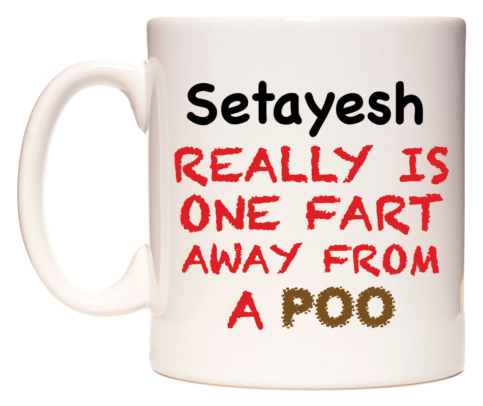 This mug features Setayesh Really is ONE Fart Away from A Poo
