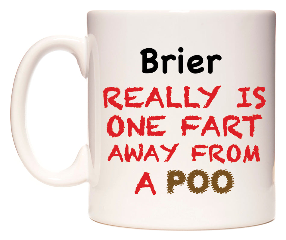 This mug features Brier Really is ONE Fart Away from A Poo