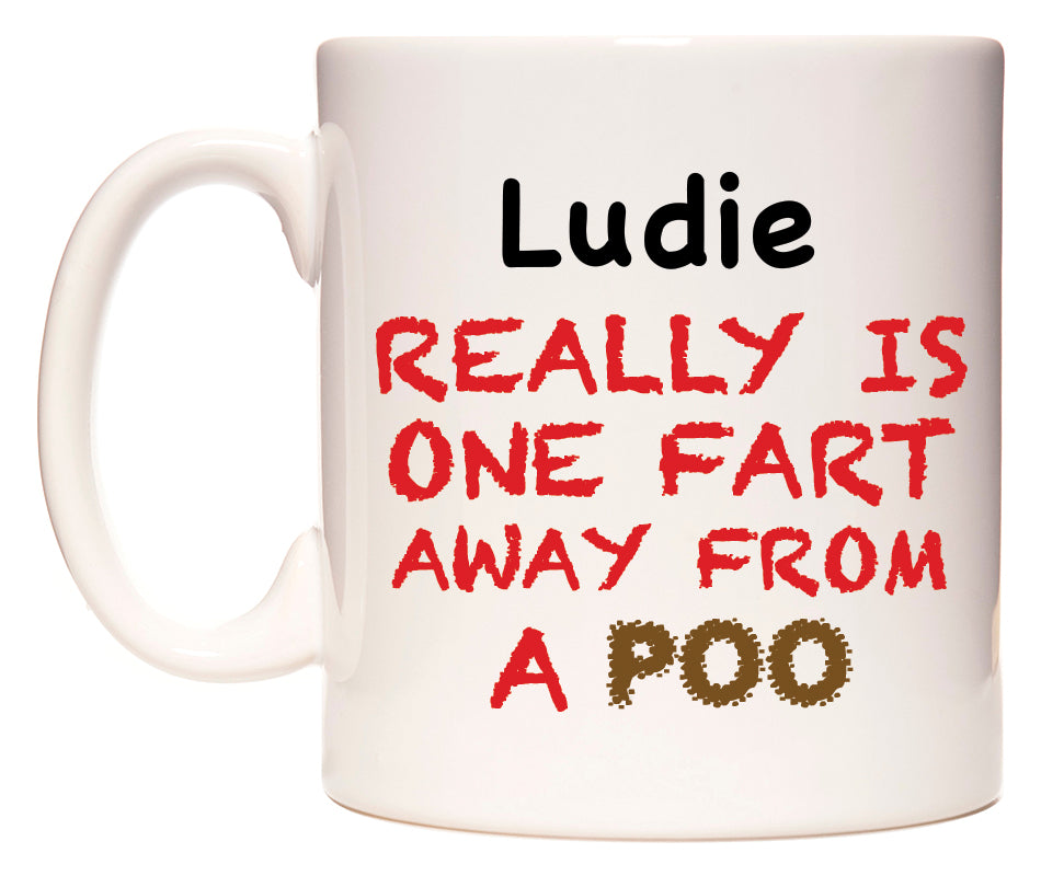 This mug features Ludie Really is ONE Fart Away from A Poo