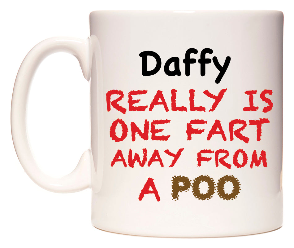 This mug features Daffy Really is ONE Fart Away from A Poo