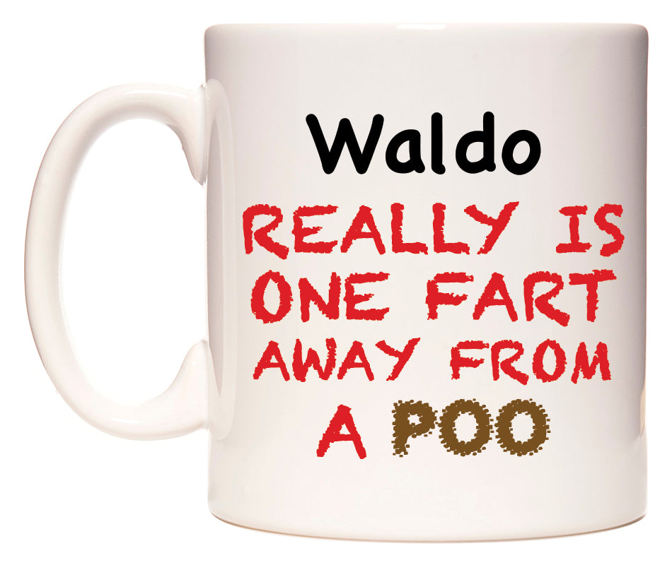 This mug features Waldo Really is ONE Fart Away from A Poo