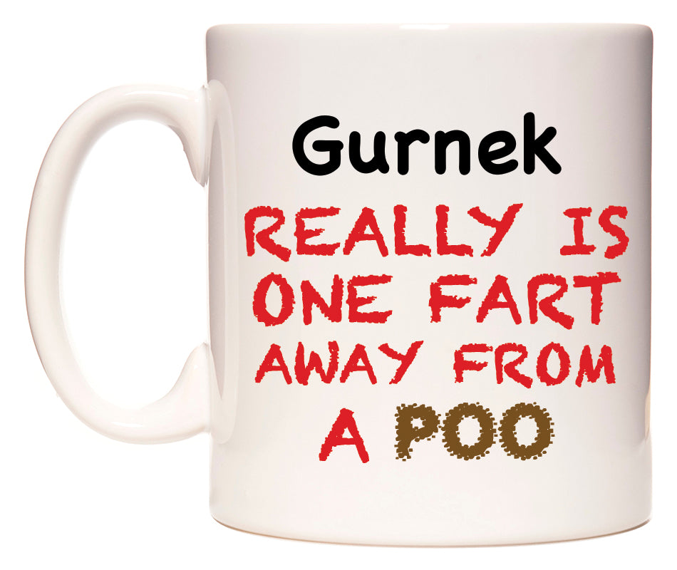 This mug features Gurnek Really is ONE Fart Away from A Poo
