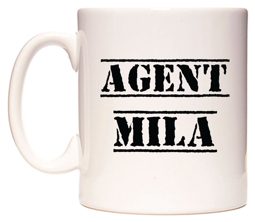 This mug features Agent Mila
