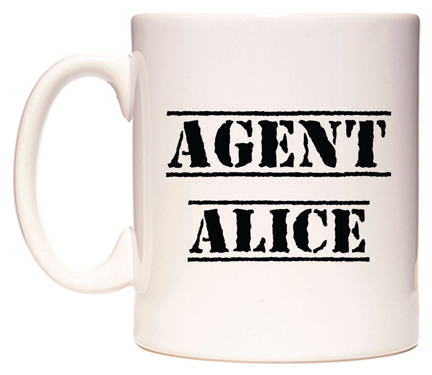 This mug features Agent Alice