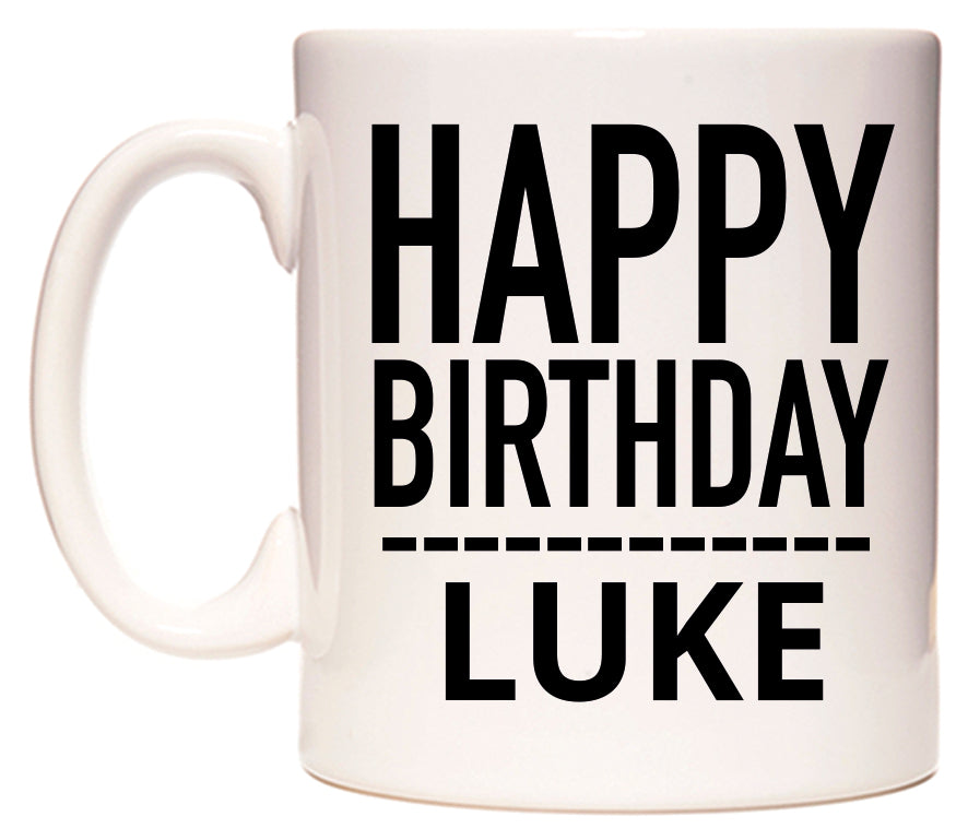 This mug features Happy Birthday Luke (Plain Black)