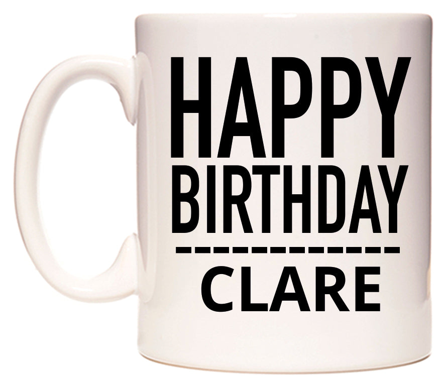 This mug features Happy Birthday Clare (Plain Black)