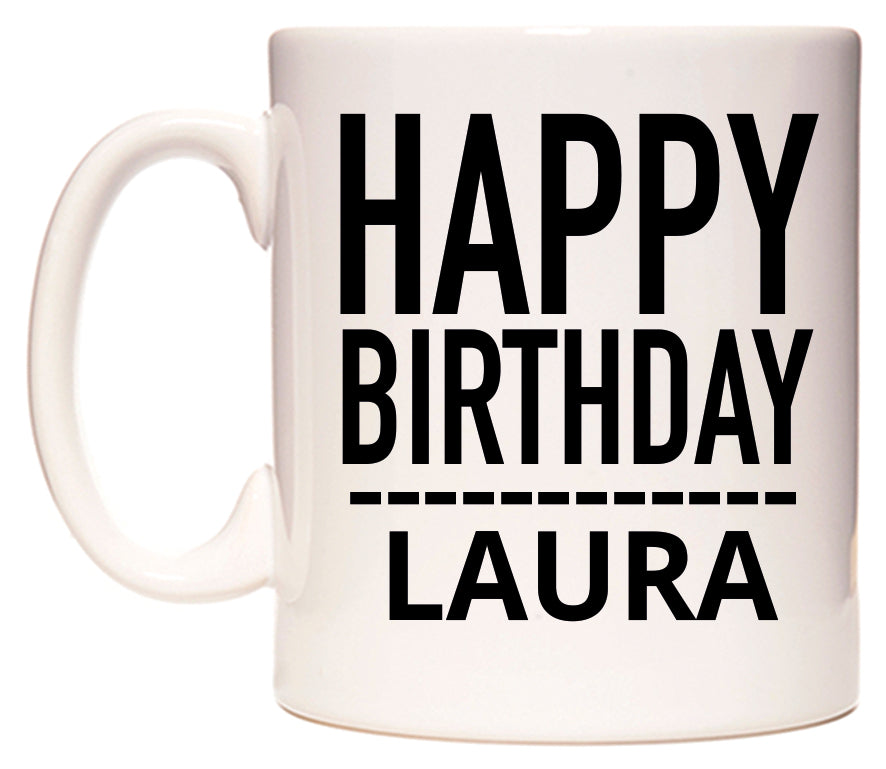 This mug features Happy Birthday Laura (Plain Black)