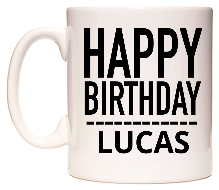 This mug features Happy Birthday Lucas (Plain Black)