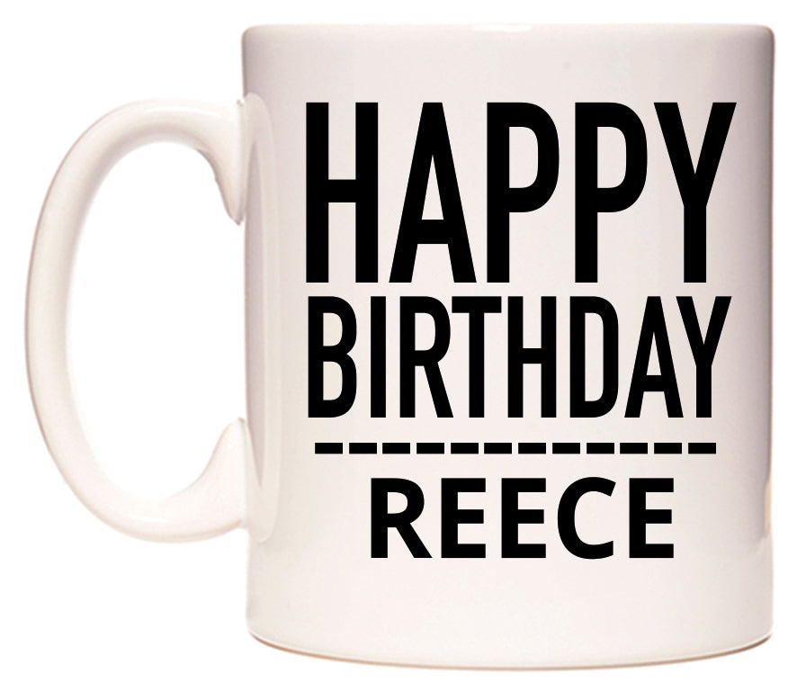This mug features Happy Birthday Reece (Plain Black)