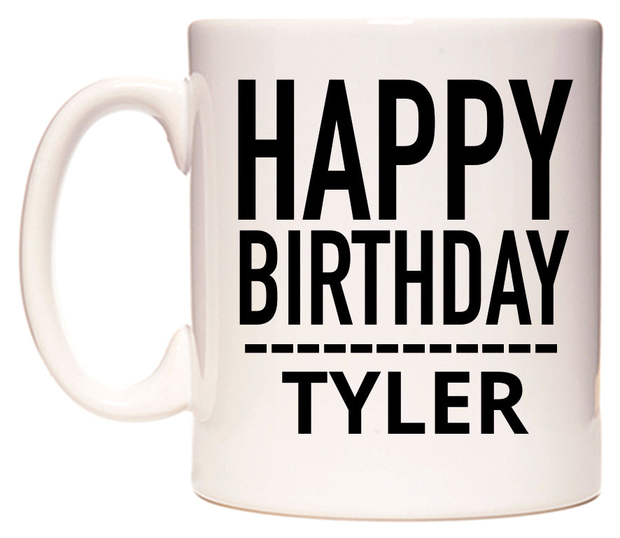 This mug features Happy Birthday Tyler (Plain Black)