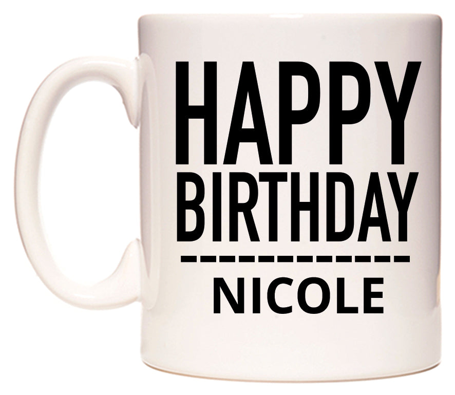 This mug features Happy Birthday Nicole (Plain Black)