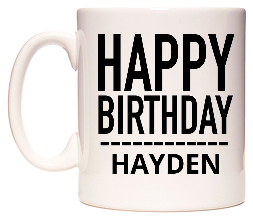 This mug features Happy Birthday Hayden (Plain Black)