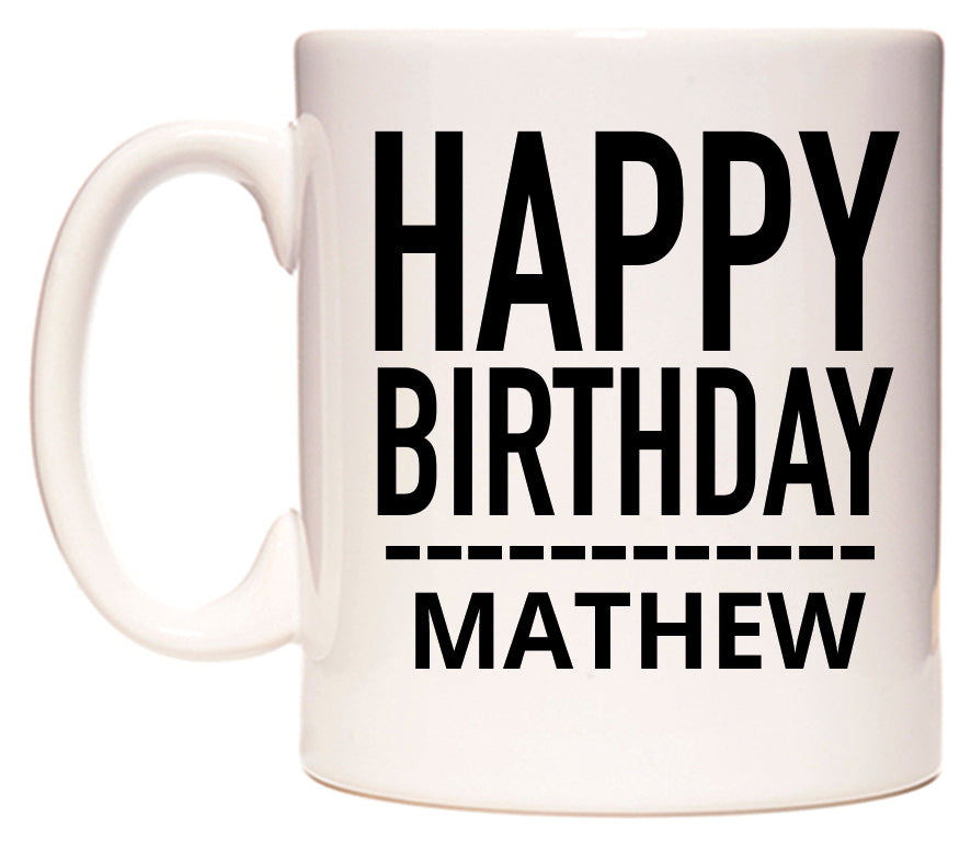 This mug features Happy Birthday Mathew (Plain Black)