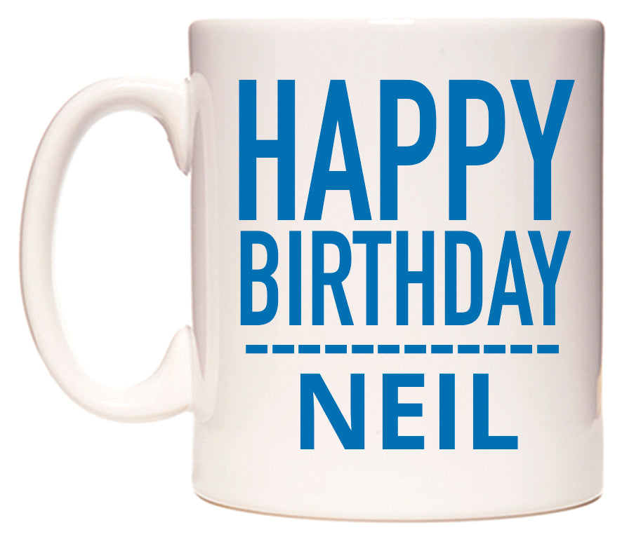 This mug features Happy Birthday Neil (Plain Blue)