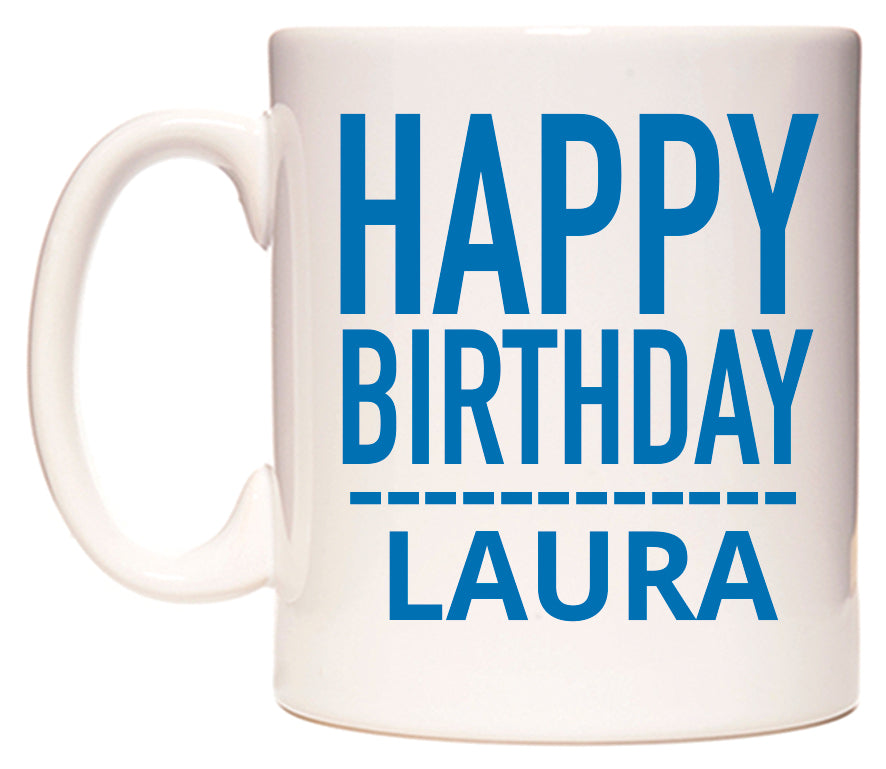 This mug features Happy Birthday Laura (Plain Blue)