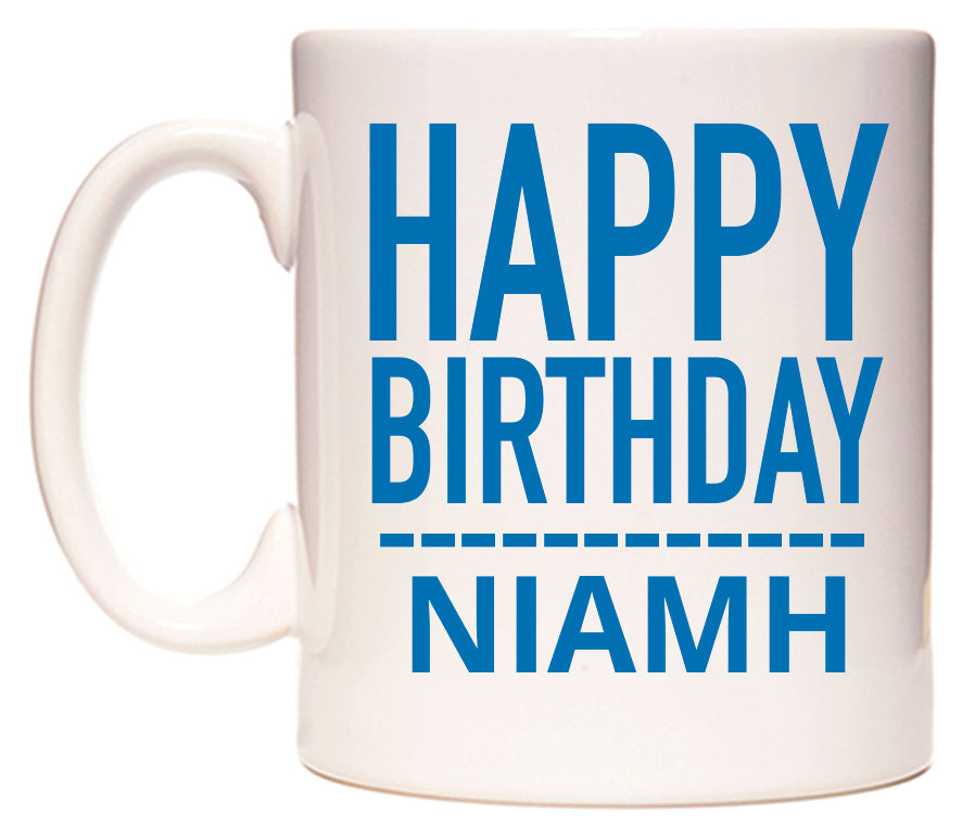This mug features Happy Birthday Niamh (Plain Blue)