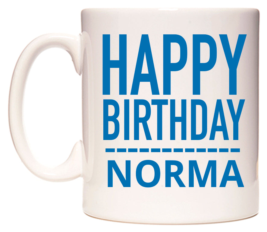 This mug features Happy Birthday Norma (Plain Blue)