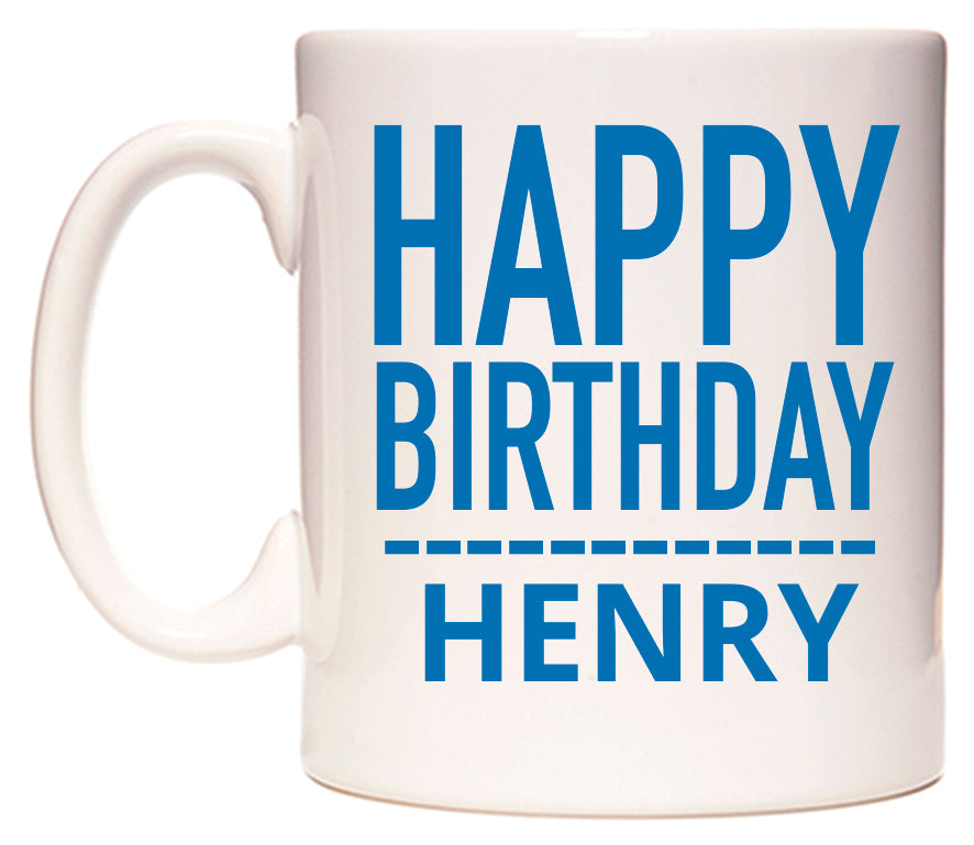 This mug features Happy Birthday Henry (Plain Blue)