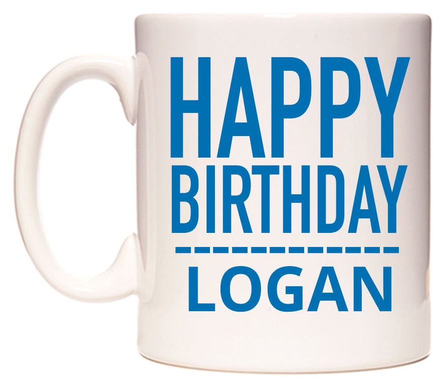 This mug features Happy Birthday Logan (Plain Blue)