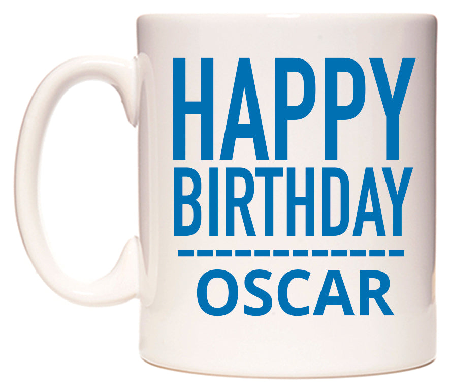 This mug features Happy Birthday Oscar (Plain Blue)