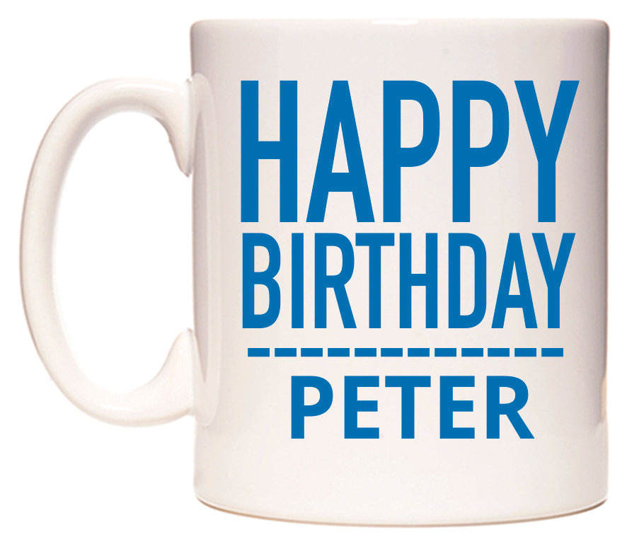 This mug features Happy Birthday Peter (Plain Blue)