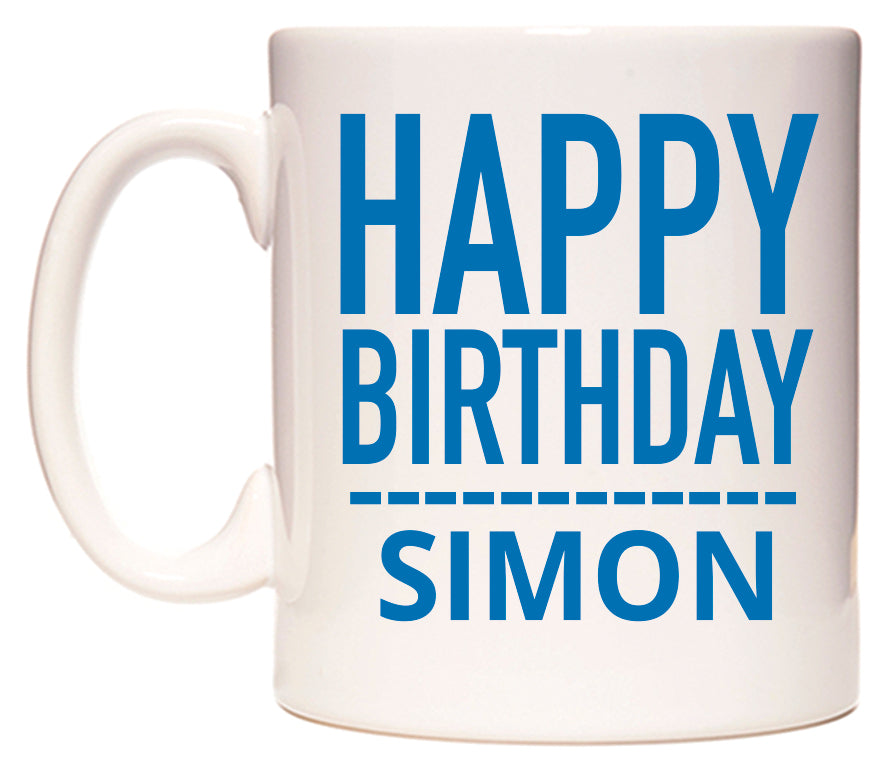 This mug features Happy Birthday Simon (Plain Blue)
