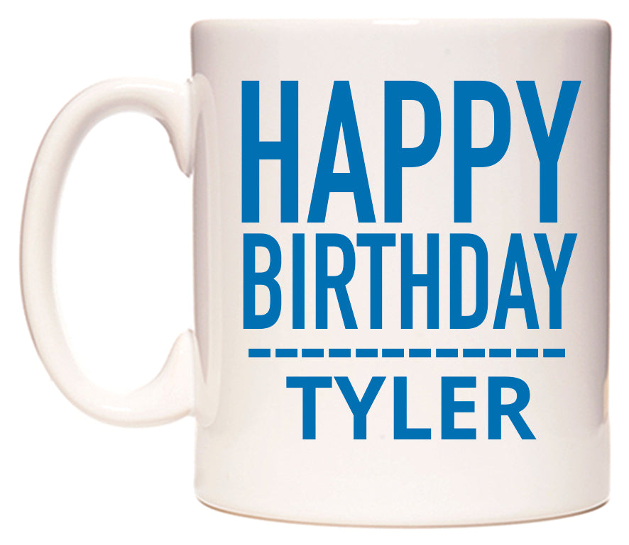 This mug features Happy Birthday Tyler (Plain Blue)