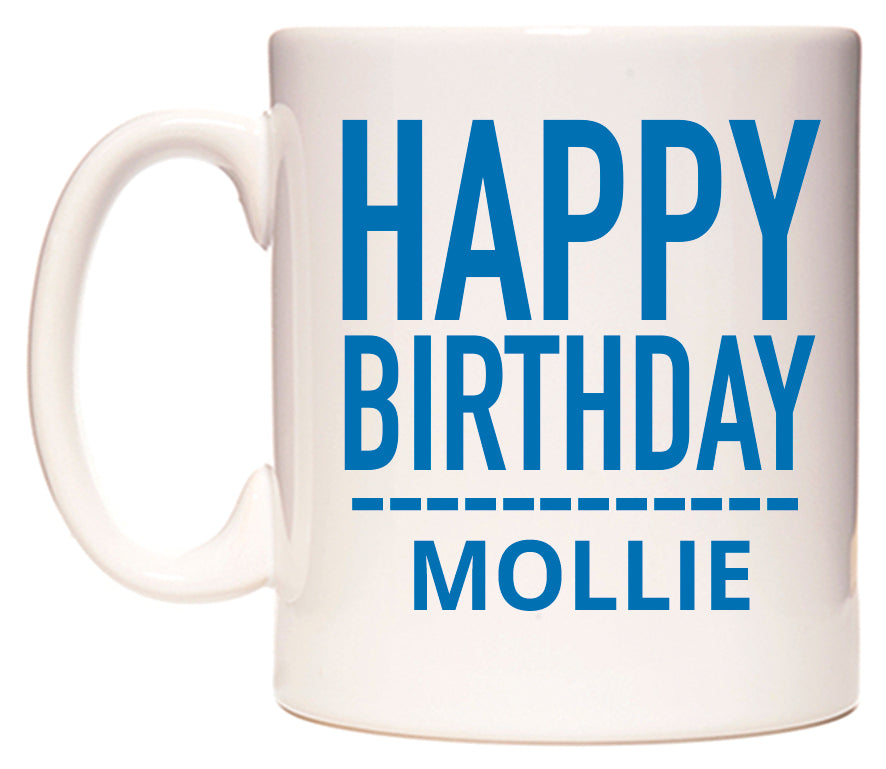 This mug features Happy Birthday Mollie (Plain Blue)