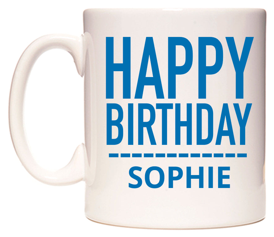 This mug features Happy Birthday Sophie (Plain Blue)