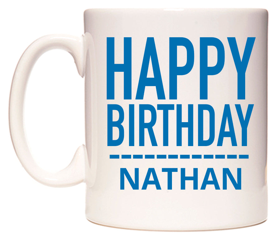 This mug features Happy Birthday Nathan (Plain Blue)