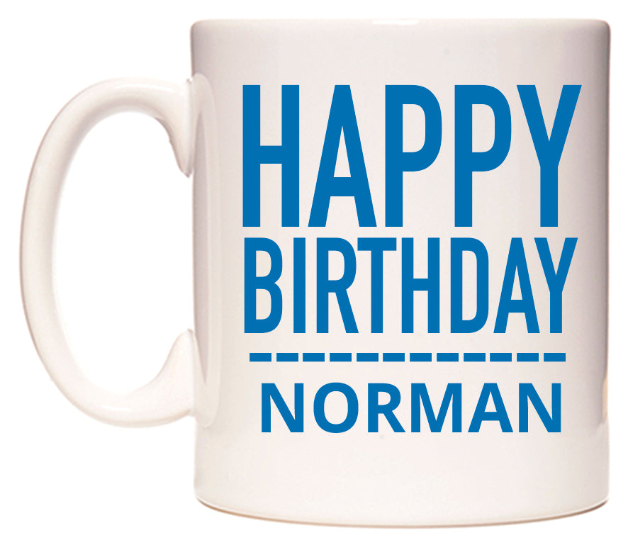This mug features Happy Birthday Norman (Plain Blue)