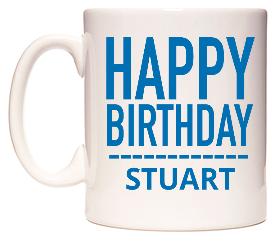 This mug features Happy Birthday Stuart (Plain Blue)