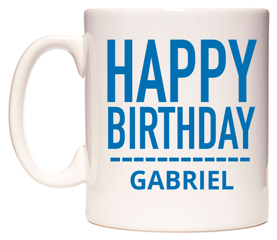 This mug features Happy Birthday Gabriel (Plain Blue)