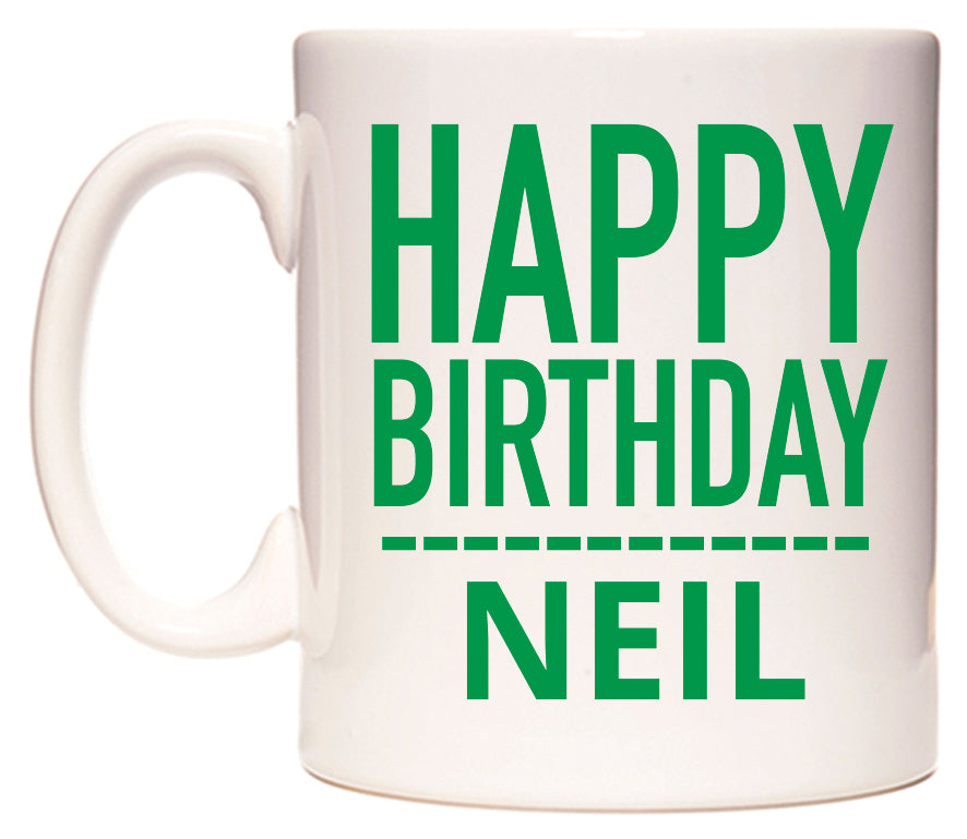 This mug features Happy Birthday Neil (Plain Green)