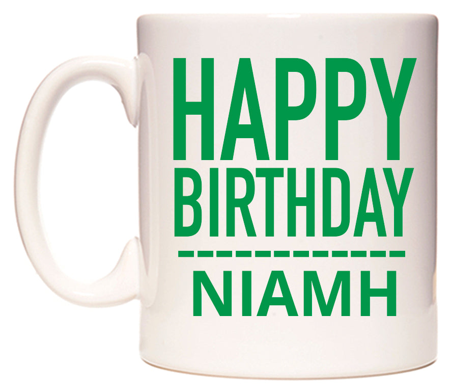 This mug features Happy Birthday Niamh (Plain Green)
