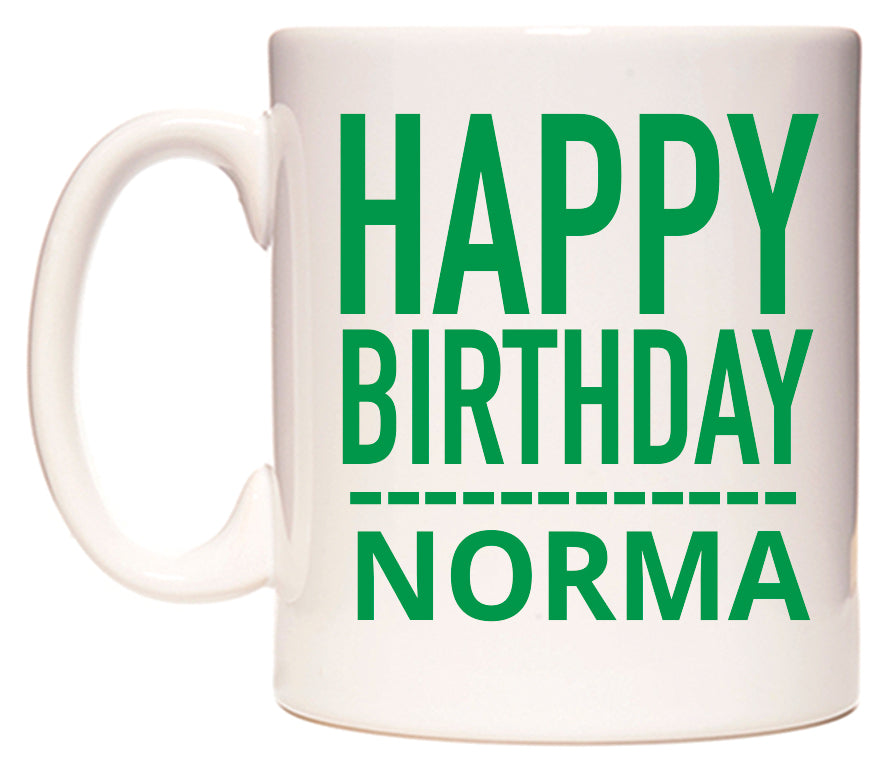 This mug features Happy Birthday Norma (Plain Green)