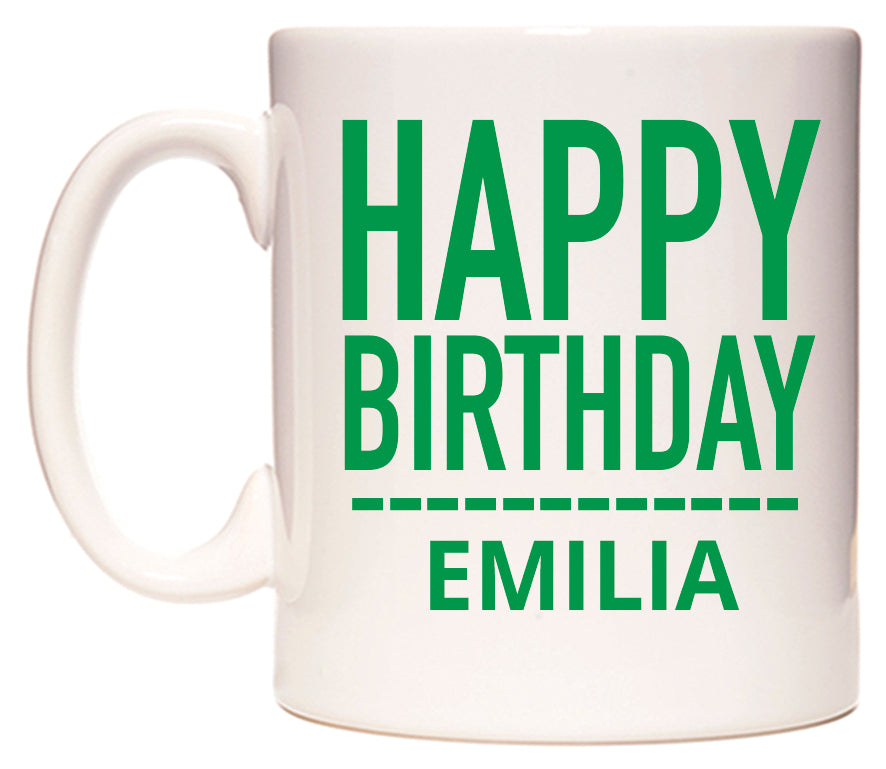 This mug features Happy Birthday Emilia (Plain Green)