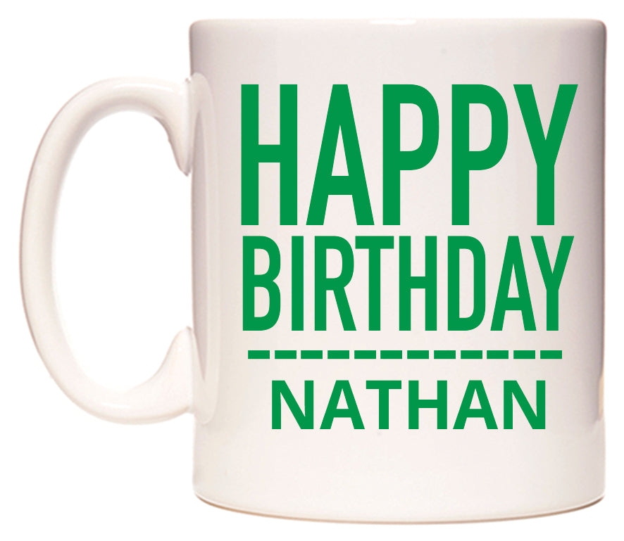 This mug features Happy Birthday Nathan (Plain Green)