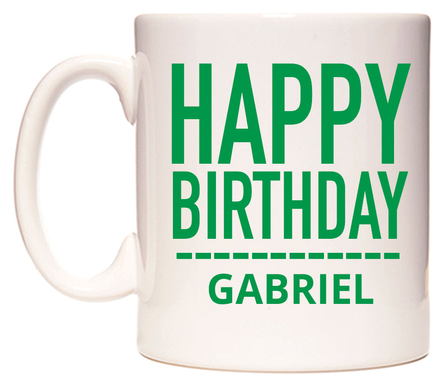 This mug features Happy Birthday Gabriel (Plain Green)