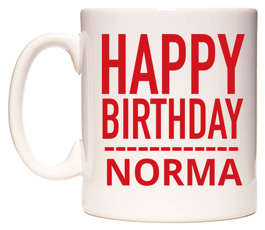 This mug features Happy Birthday Norma (Plain Red)