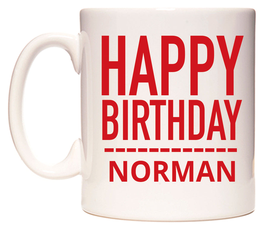 This mug features Happy Birthday Norman (Plain Red)