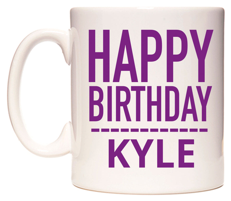This mug features Happy Birthday Kyle (Plain Purple)