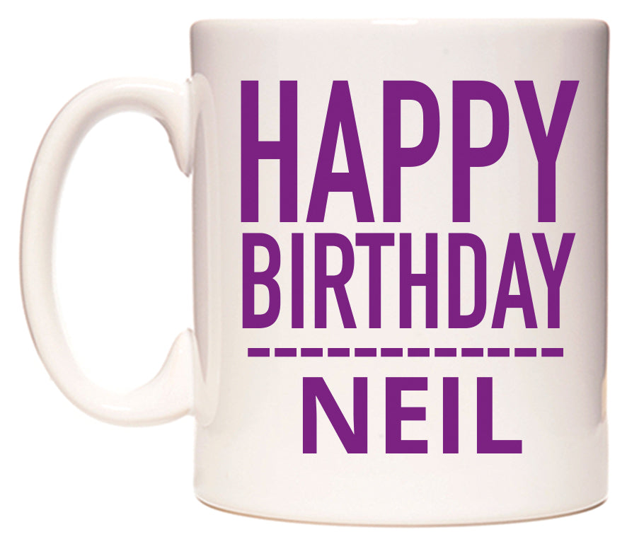 This mug features Happy Birthday Neil (Plain Purple)