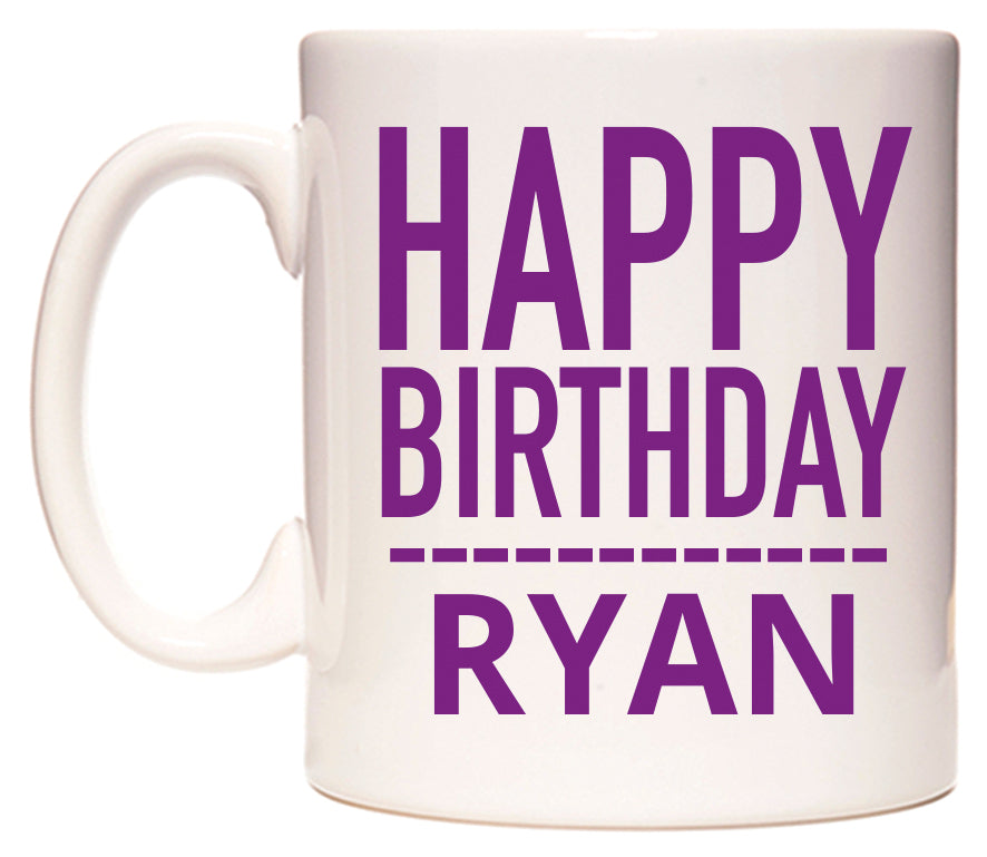 This mug features Happy Birthday Ryan (Plain Purple)
