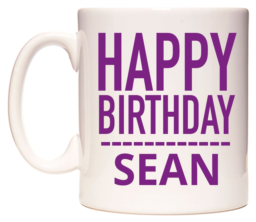 This mug features Happy Birthday Sean (Plain Purple)