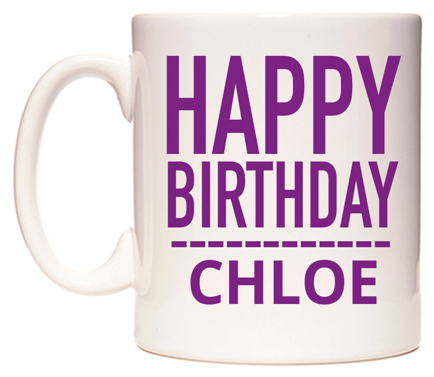 This mug features Happy Birthday Chloe (Plain Purple)