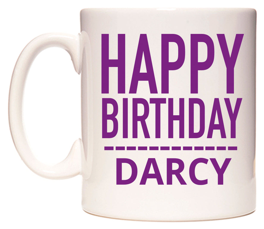 This mug features Happy Birthday Darcy (Plain Purple)