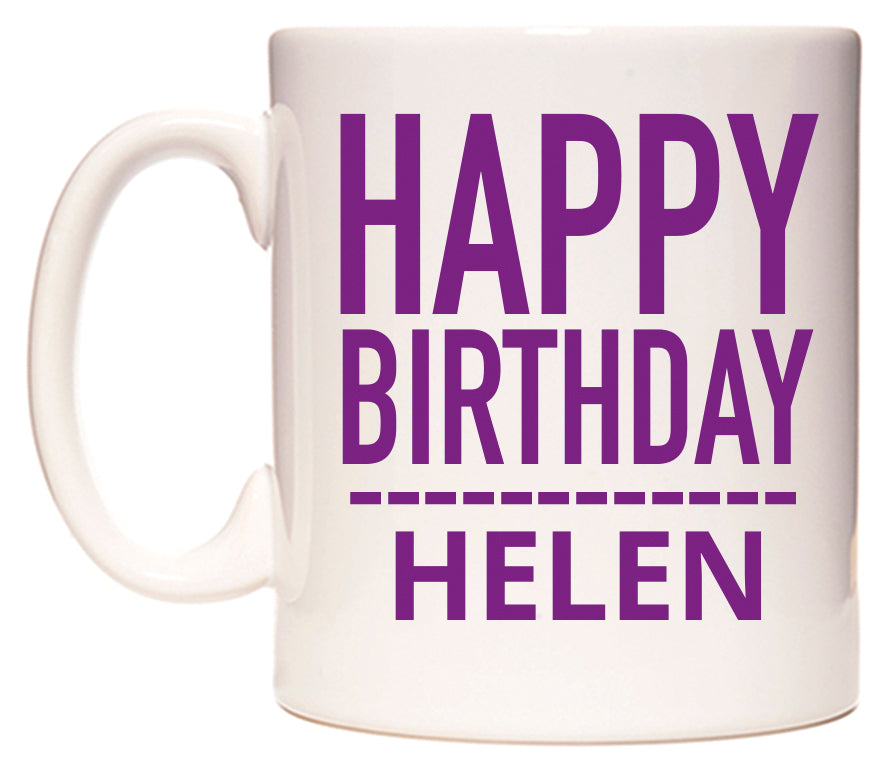 This mug features Happy Birthday Helen (Plain Purple)