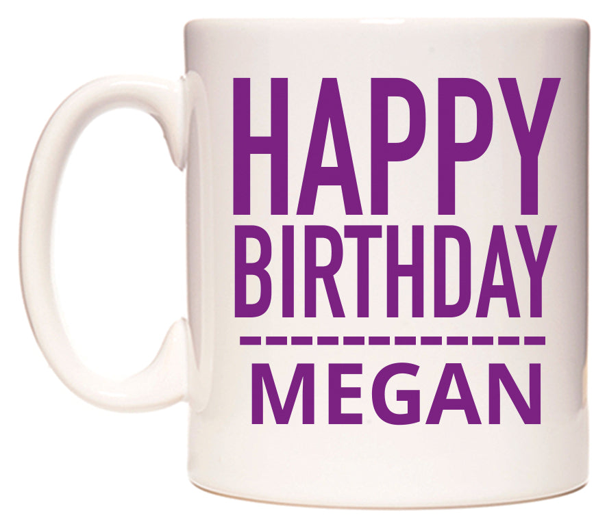 This mug features Happy Birthday Megan (Plain Purple)